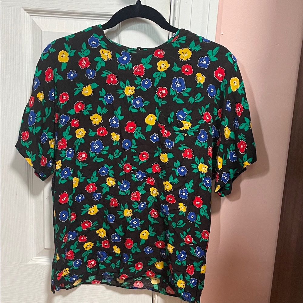 Black Floral Short Sleeve Blouse - Multicolor Flowers